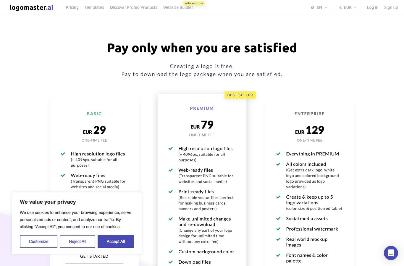 Logomaster.ai pricing table with its three logo packages at 29, 79 and 129 euros