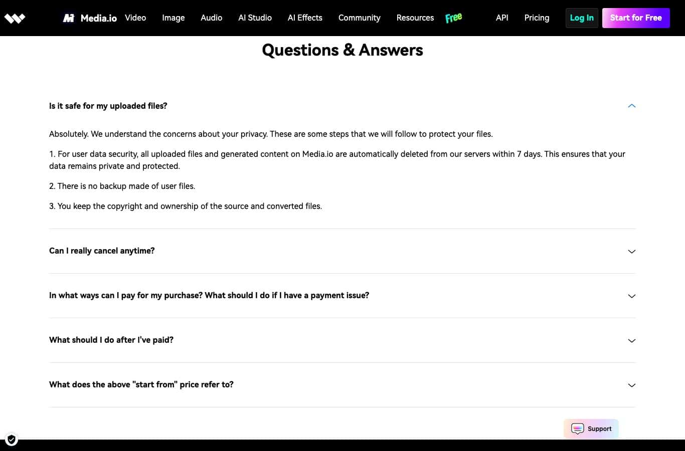 Media.io FAQ: uploaded files are deleted from the servers within 7 days