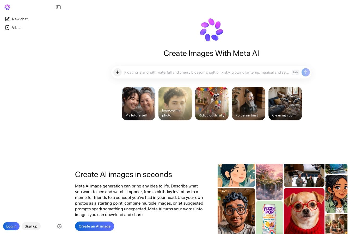 Meta AI image generator page: a text field, no photo upload area