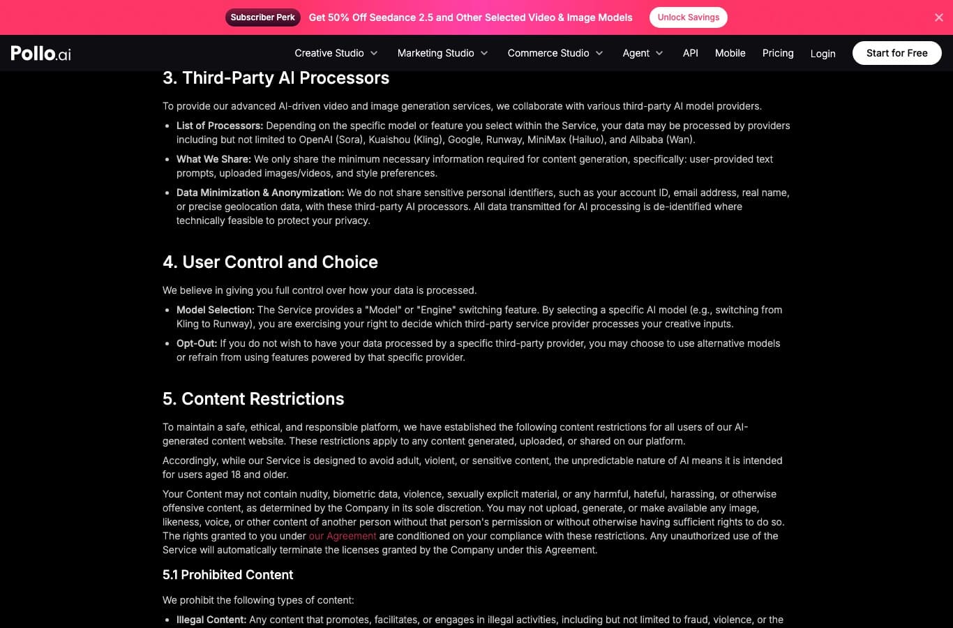Pollo AI privacy policy listing the processors that receive uploaded images