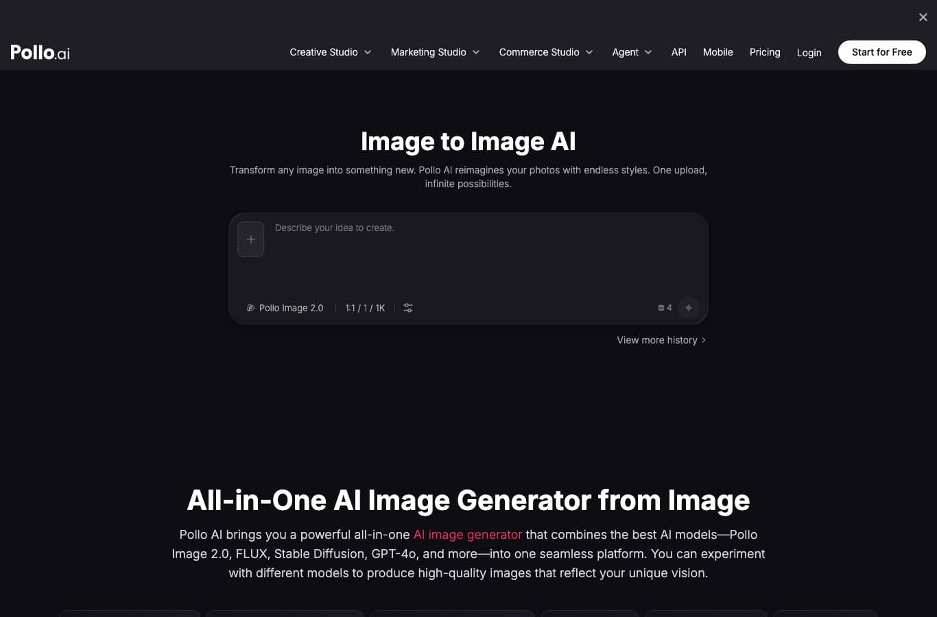 Pollo AI Image to Image page with its upload area and the Pollo Image 2.0 model