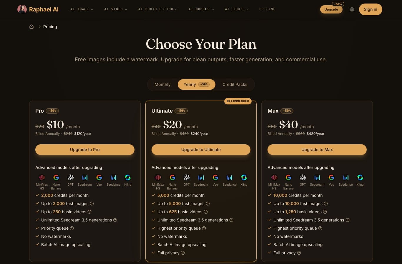 Raphael AI pricing table: no watermarks and full privacy are paid lines