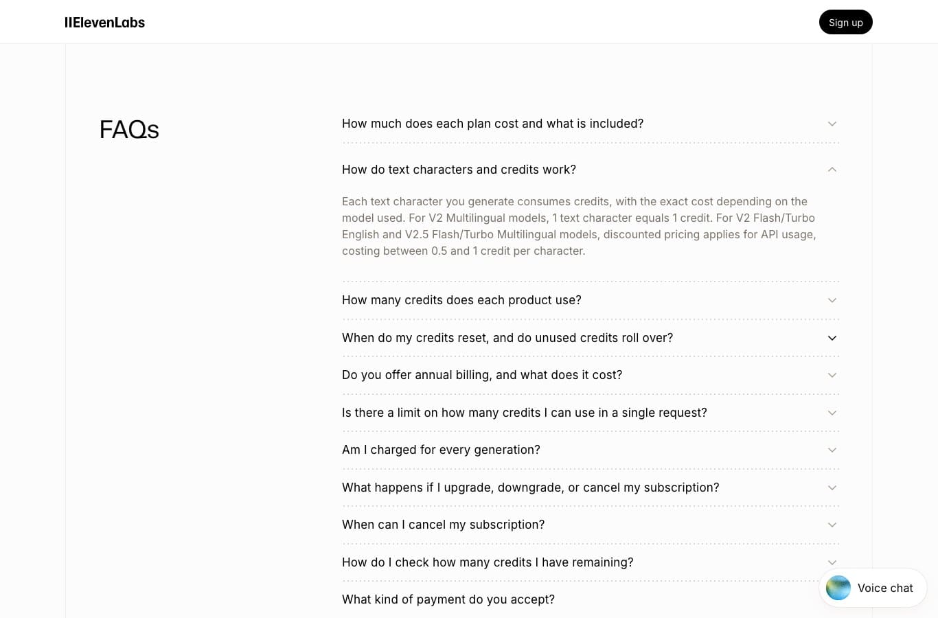 Screenshot of the ElevenLabs FAQ: one text character equals one credit on V2 Multilingual models