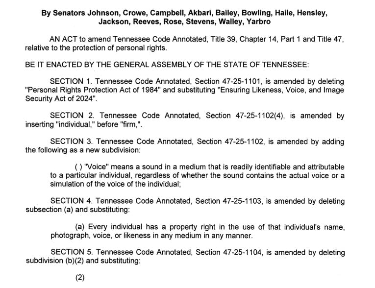 Screenshot of Tennessee Public Chapter 588: the ELVIS Act defines voice and creates a property right in it