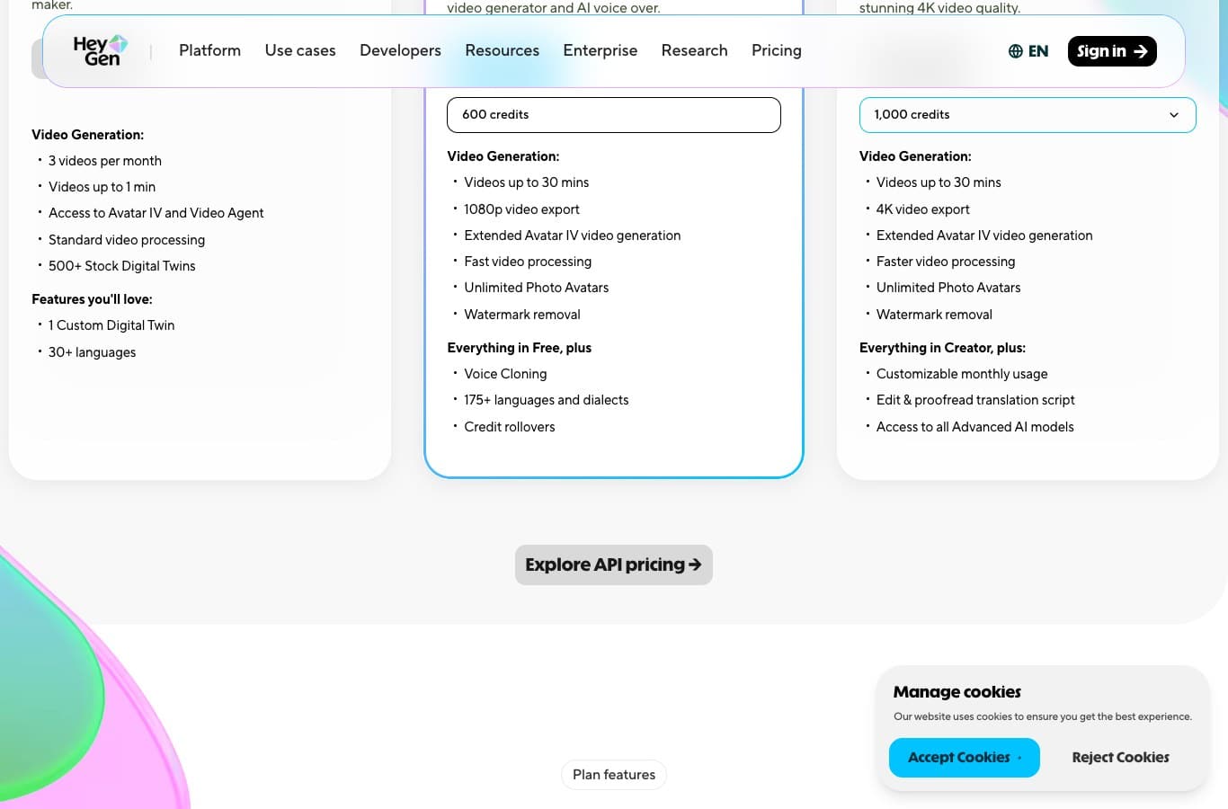 Screenshot of the HeyGen pricing page: three one-minute videos a month on the free plan, watermark removal on the paid plan