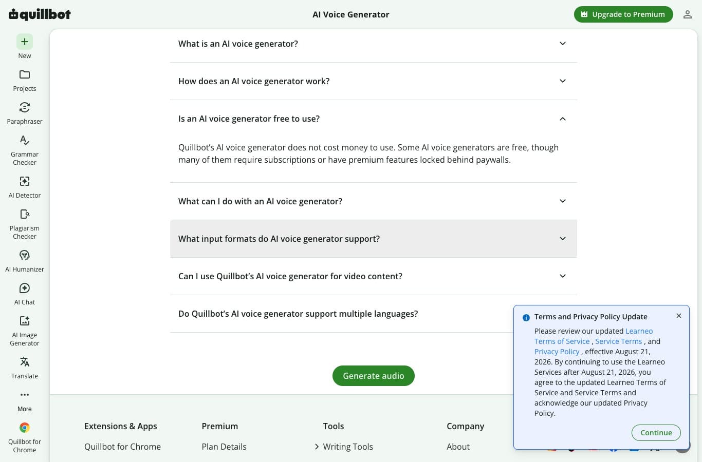 Screenshot of the QuillBot AI voice generator FAQ: the answer on price gives no figure and no limit