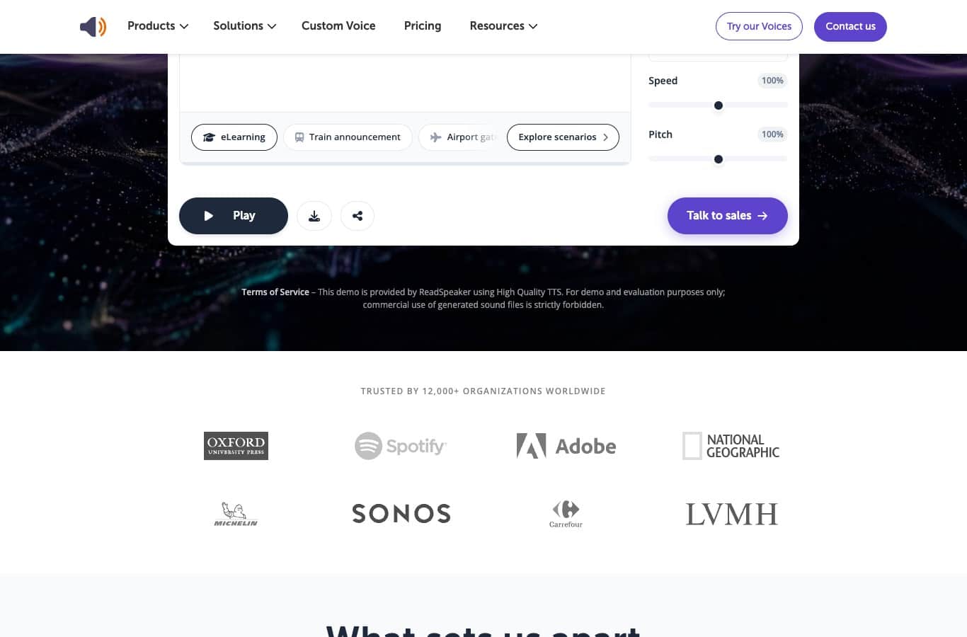 Screenshot of ReadSpeaker: commercial use of the generated sound files is strictly forbidden