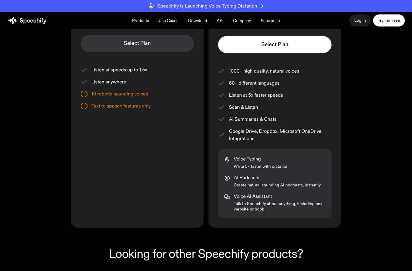 Screenshot of the Speechify pricing page: the free plan gives 10 robotic voices, natural voices cost 29 dollars a month