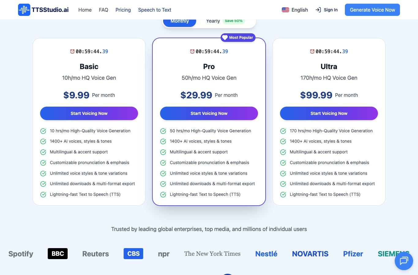 Screenshot of the TTSStudio pricing page: three paid plans counted in hours per month, no free plan