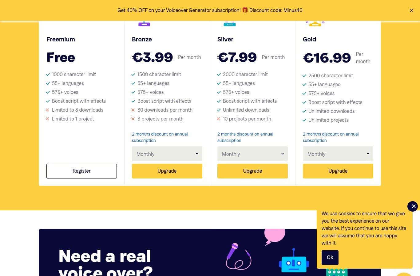 Captura de la tarifa de Voicebooking: el plan Freemium está limitado a 1.000 caracteres, 3 descargas y 1 proyecto