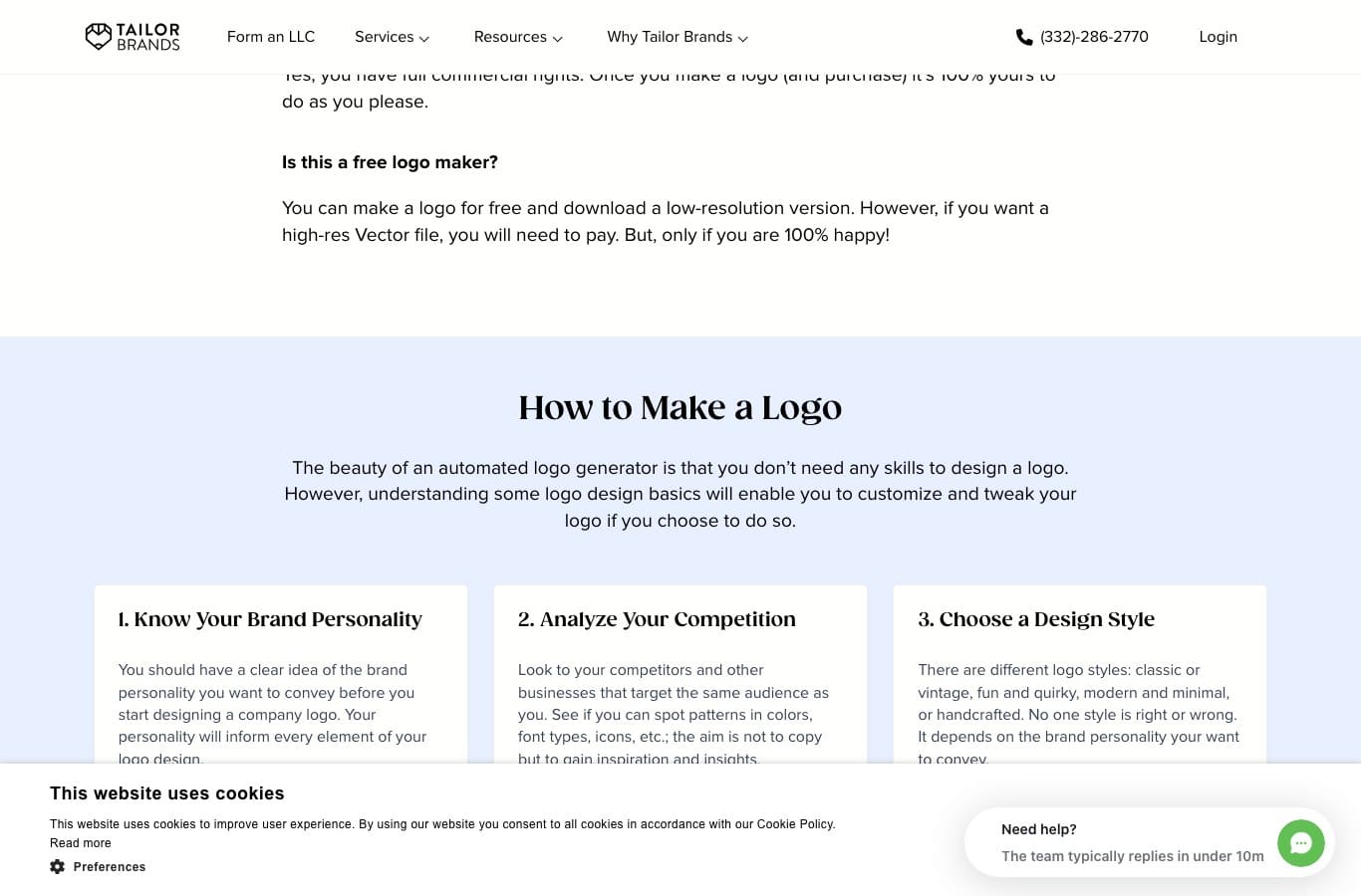 Tailor Brands FAQ stating that the free version only downloads a low-resolution logo