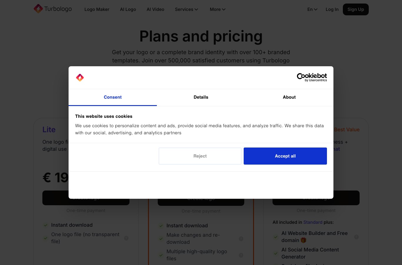 Turbologo pricing table showing the Lite, Standard and Business plans in euros
