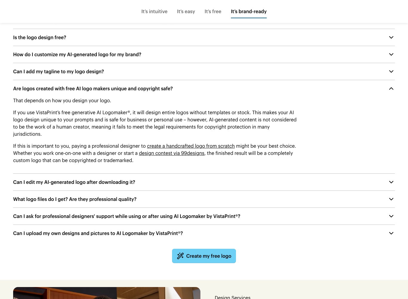 VistaPrint FAQ explaining that AI-generated content fails to meet the legal requirements for copyright protection