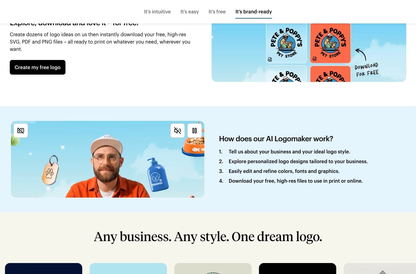VistaPrint page offering instant free downloads of SVG, PDF and PNG logo files