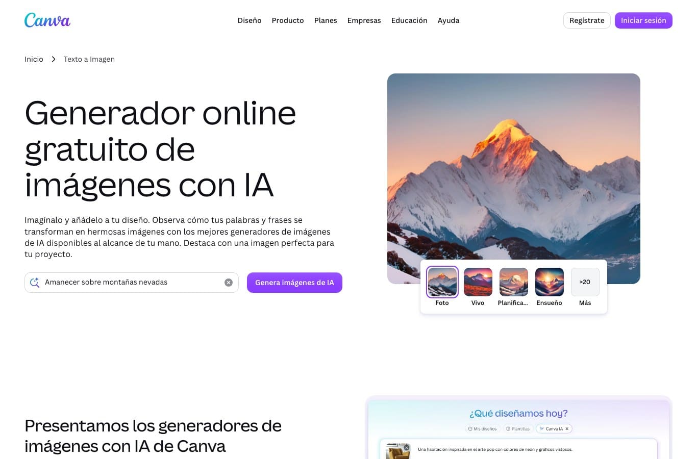 Página Generador de imágenes IA de Canva: un campo de texto, ninguna zona para subir una foto