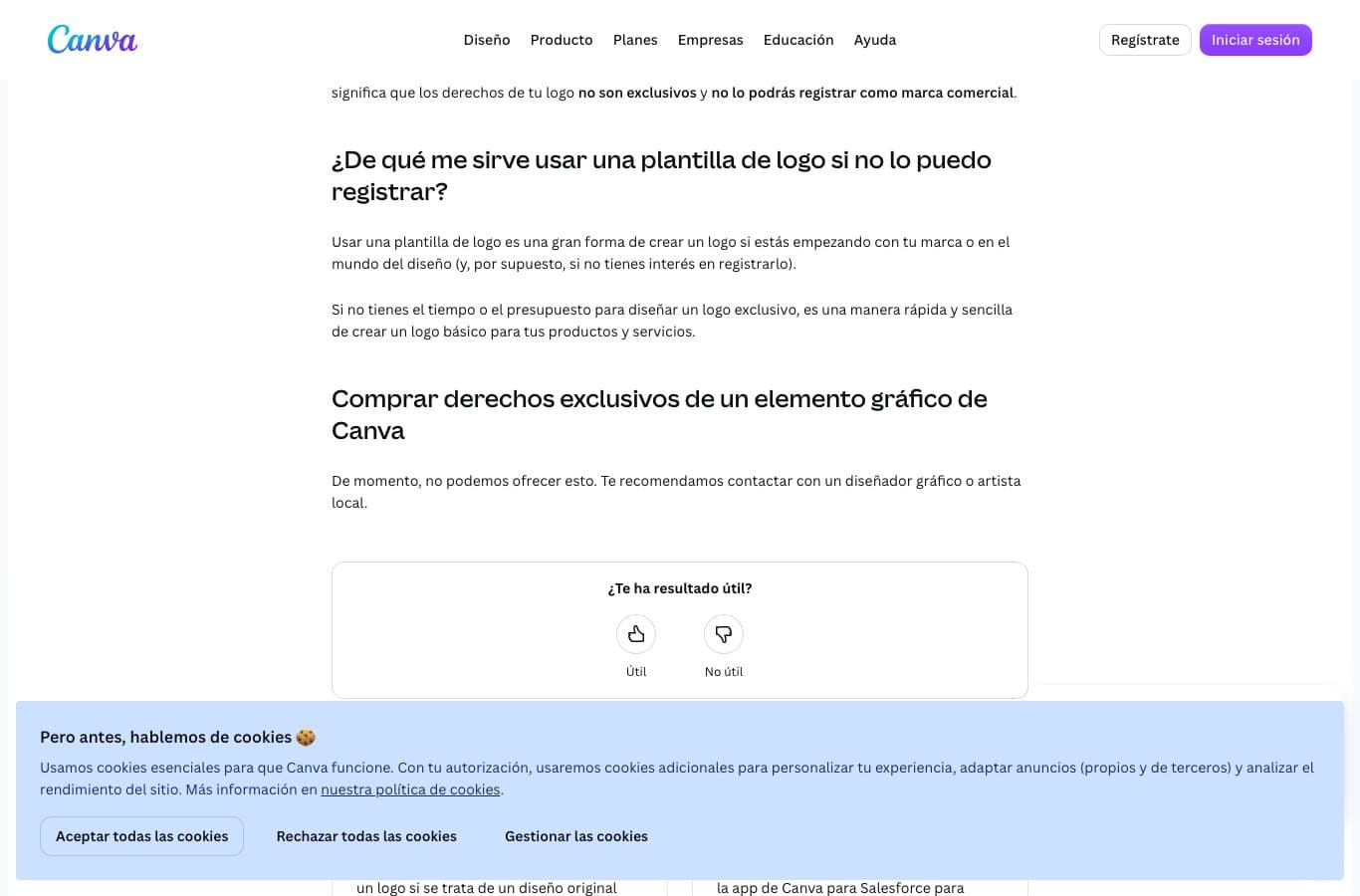 Centro de ayuda de Canva en español indicando que un logo hecho con una plantilla no se puede registrar como marca comercial