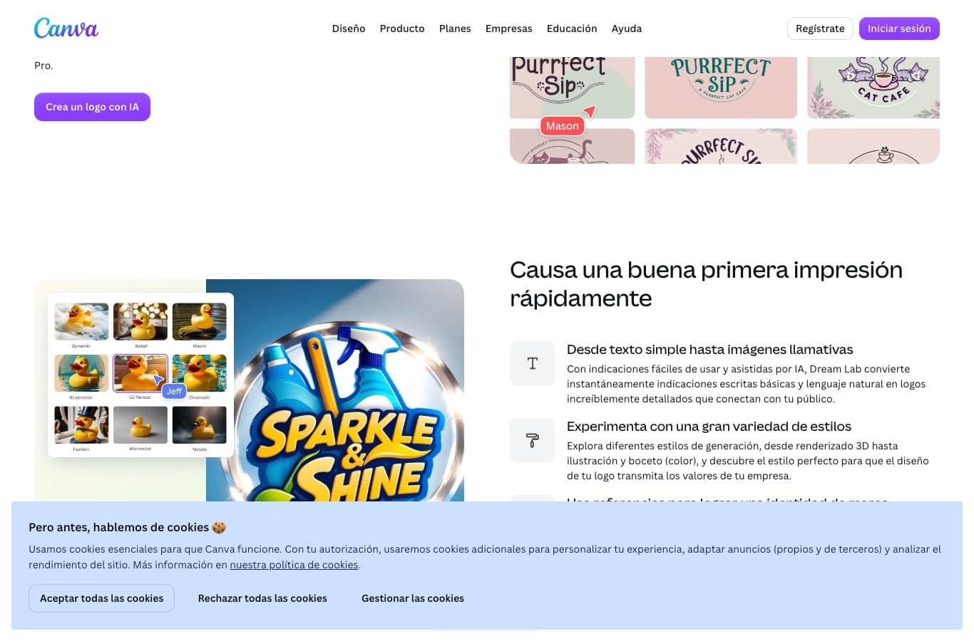 Página en español del generador de logos con IA de Canva, con Dream Lab y el botón Crea un logo con IA