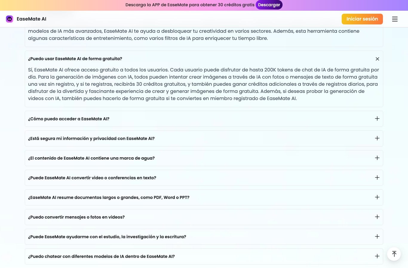 FAQ de EaseMate AI: una prueba gratuita sin registro y luego 30 créditos al registrarse