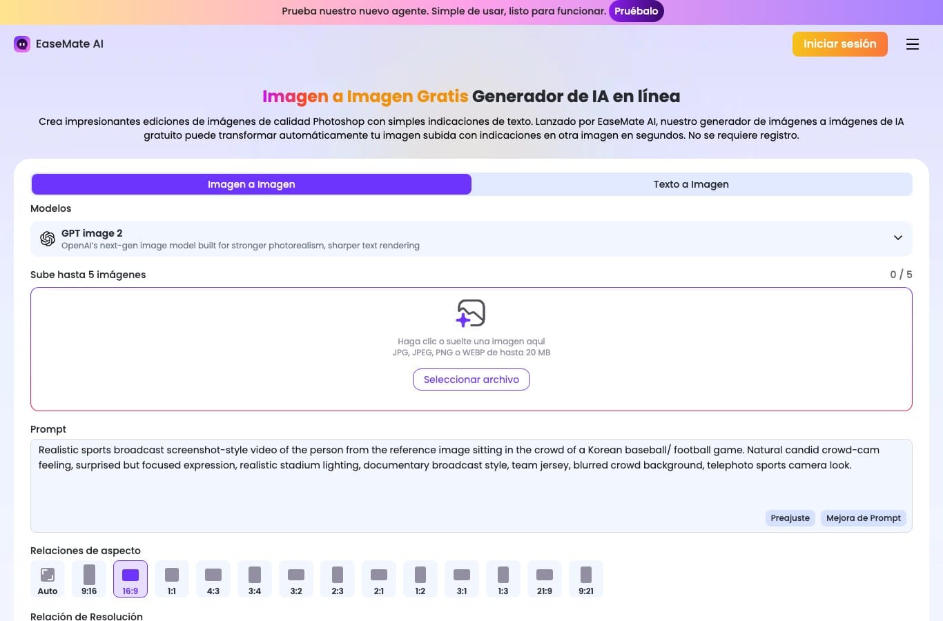 Generador de imagen a imagen de EaseMate AI, subida de hasta 20 MB y sin registro