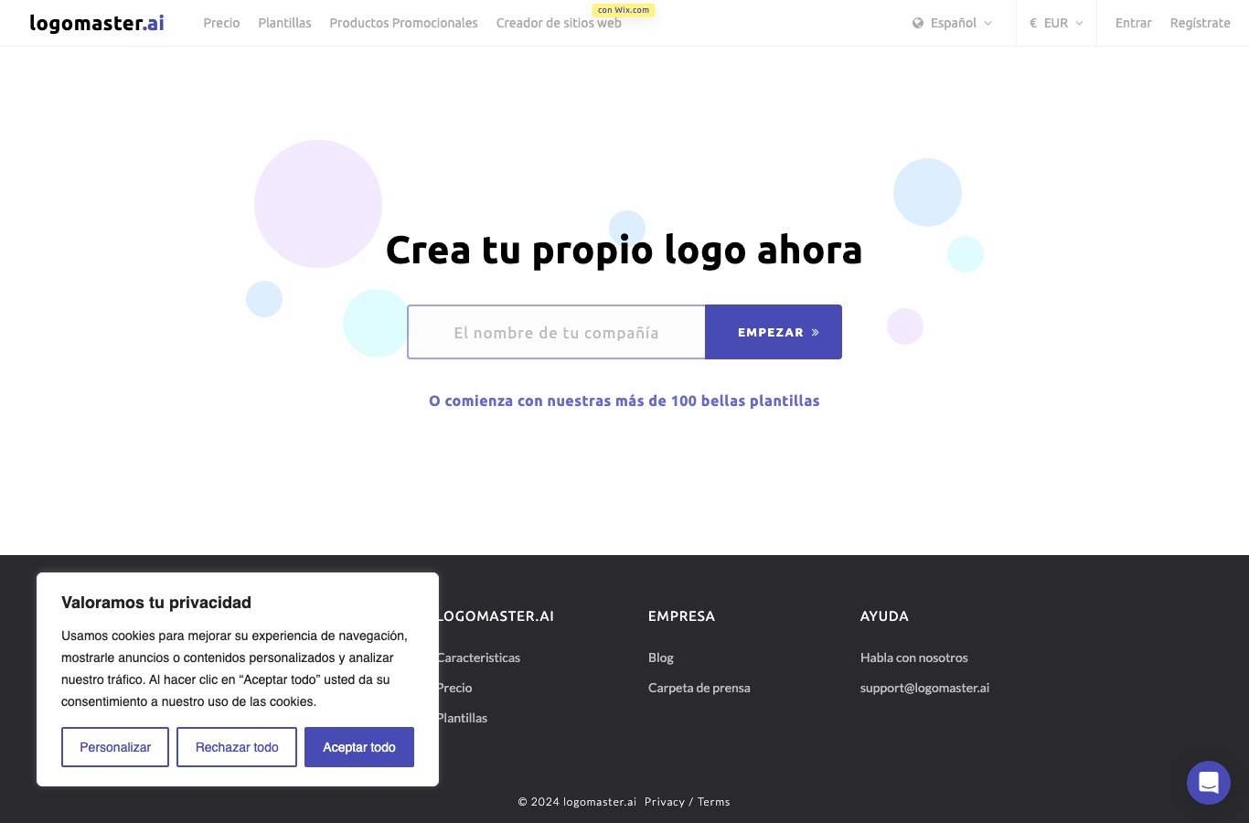 Página de Logomaster.ai en español, con el selector de idioma en Español y la moneda en EUR