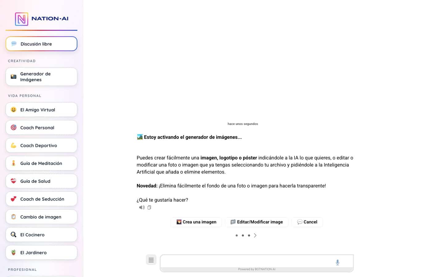 Nation AI ofrece Crear una imagen y Editar o modificar una foto ya existente