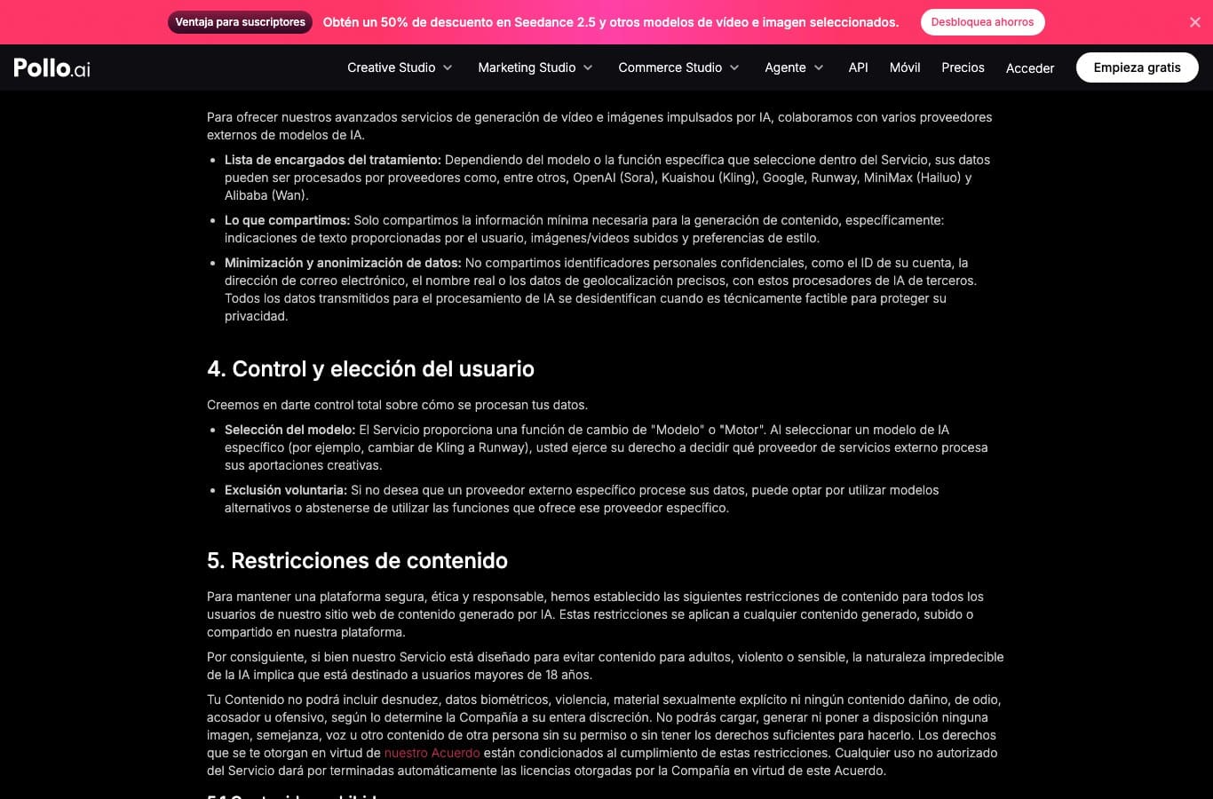 Política de privacidad de Pollo AI con la lista de encargados del tratamiento que reciben las imágenes subidas