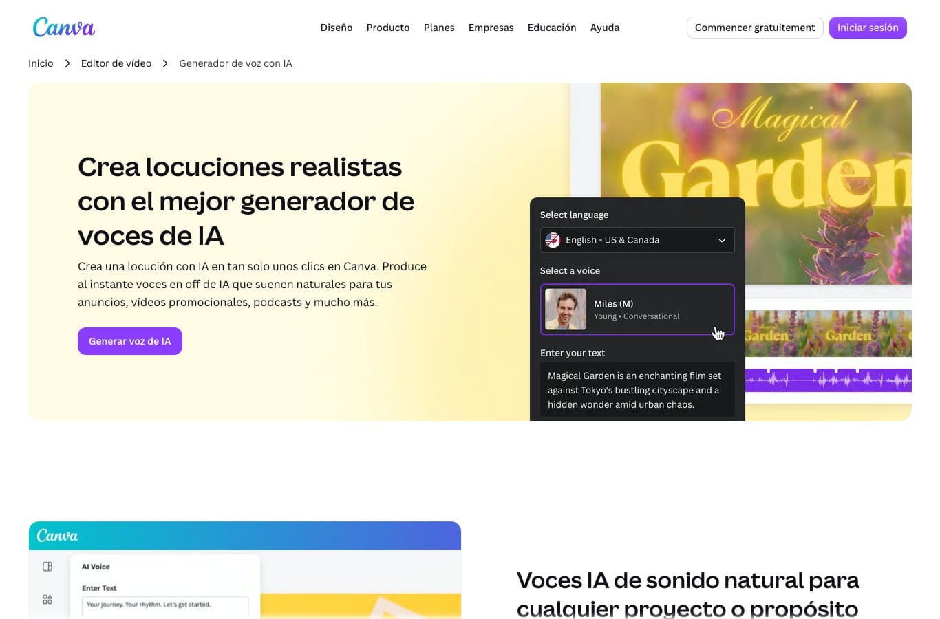 Captura de la página de Canva del generador de voz con IA, sin ninguna cifra de cuota