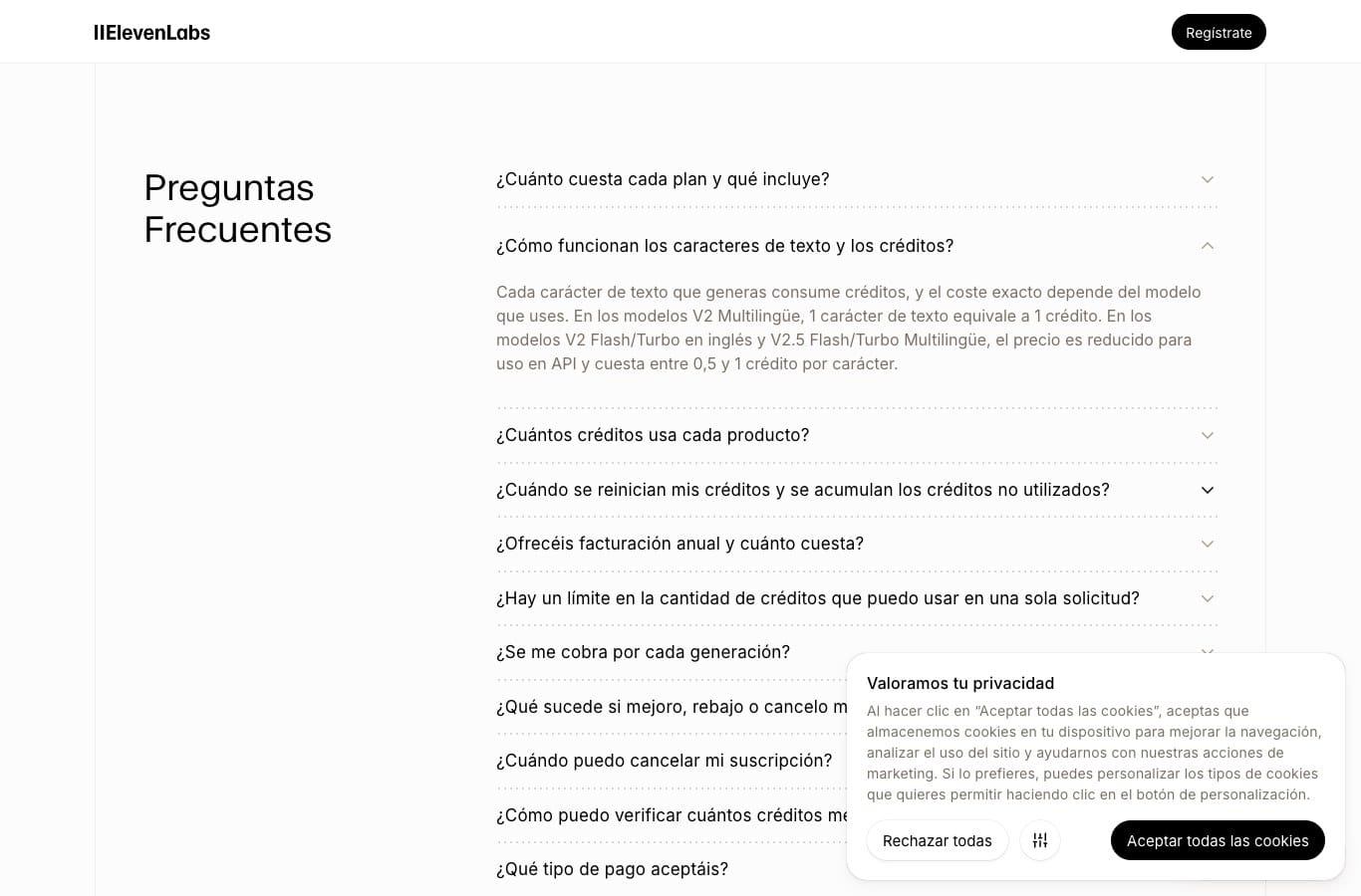 Captura de las preguntas frecuentes de ElevenLabs: un carácter de texto equivale a un crédito en los modelos V2 Multilingüe