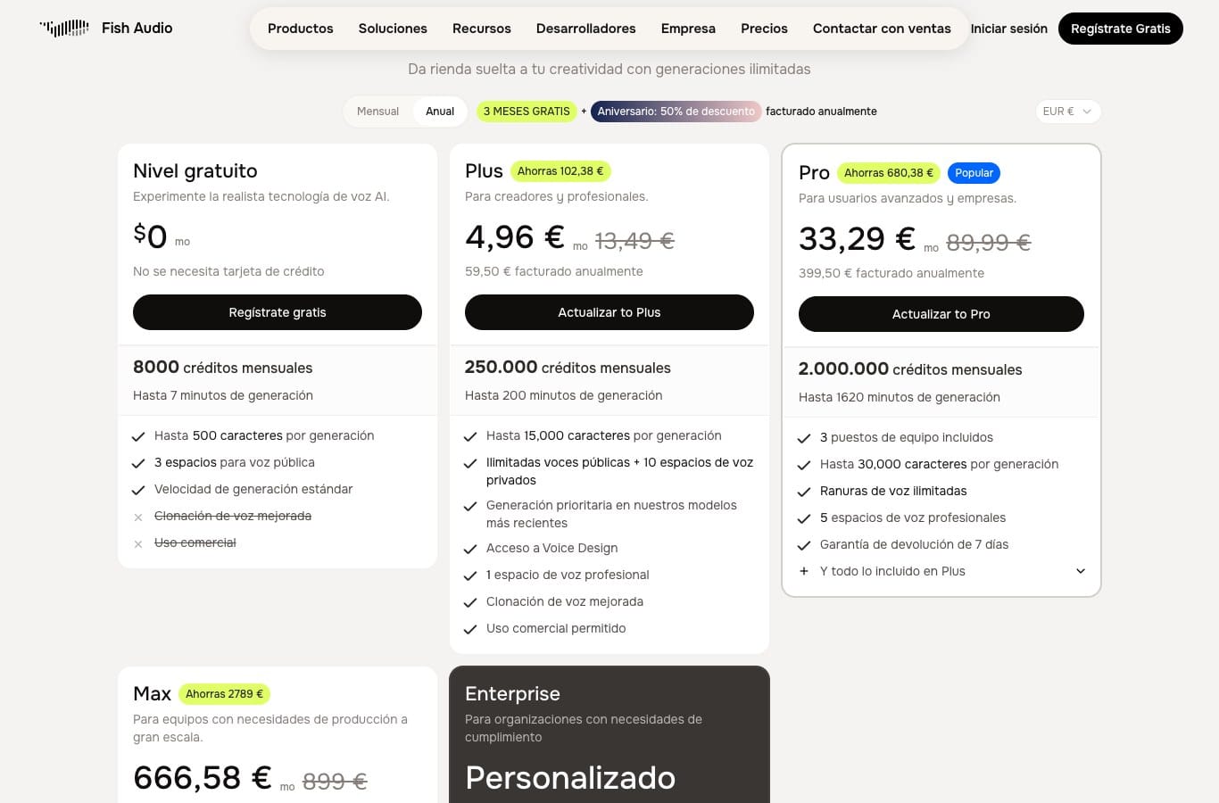 Captura del nivel gratuito de Fish Audio: 8.000 créditos, 7 minutos, uso comercial tachado
