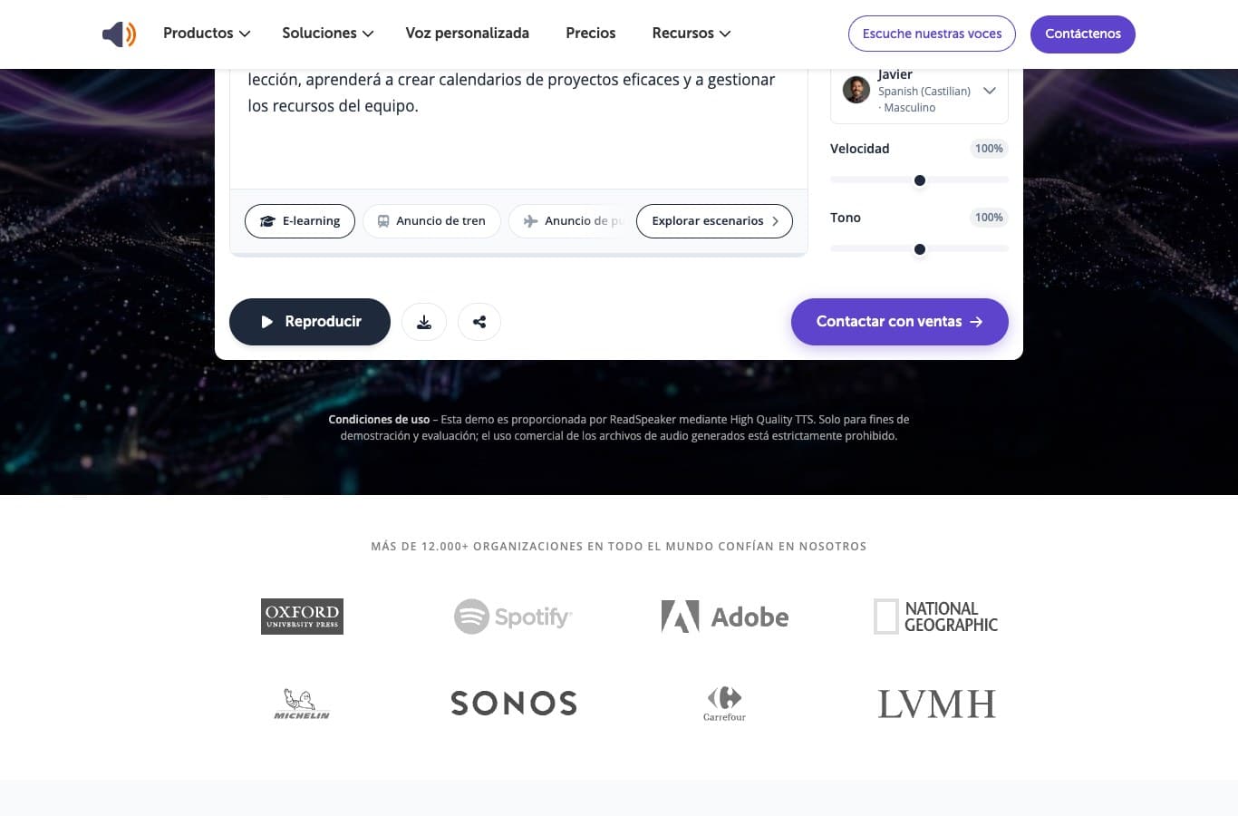 Captura de ReadSpeaker: el uso comercial de los archivos de audio generados está estrictamente prohibido