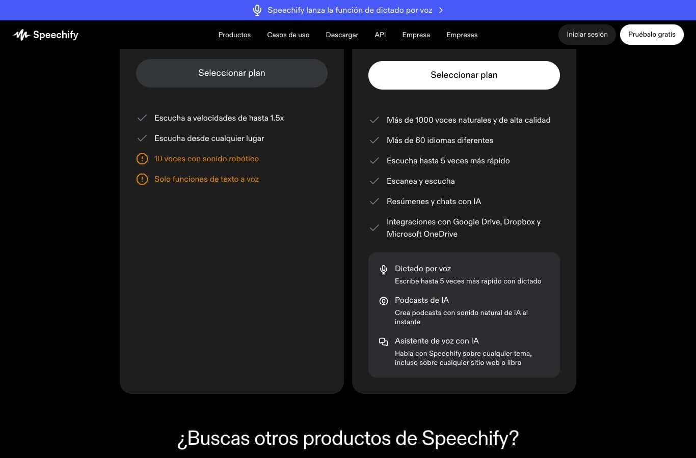 Captura de la tarifa de Speechify: el plan gratuito da 10 voces robóticas, las voces naturales cuestan 29 dólares al mes