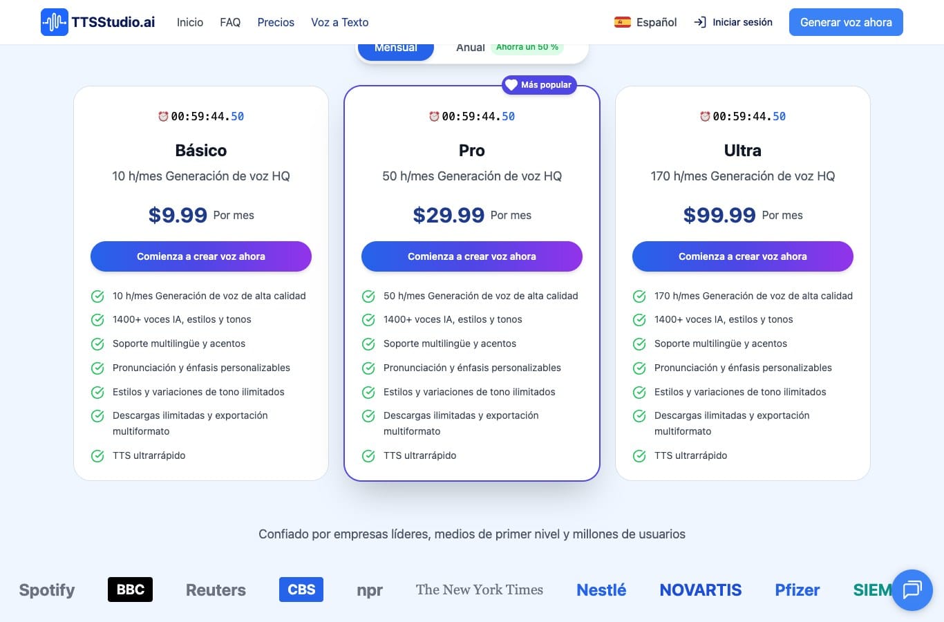 Captura de la tarifa de TTSStudio: tres planes de pago contados en horas al mes, ningún plan gratuito