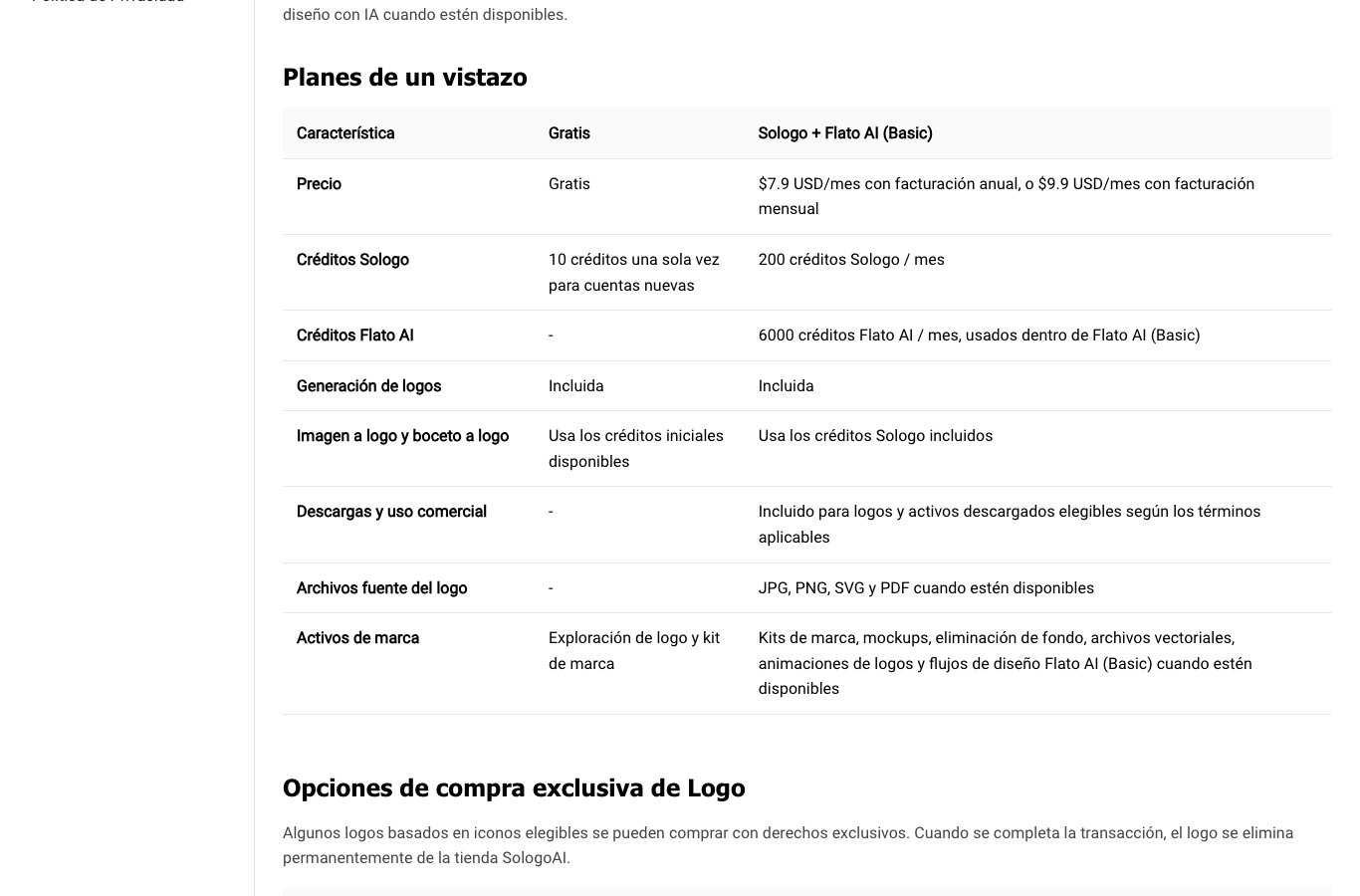 Tabla Planes de un vistazo de SologoAI en español, comparando el plan gratuito y el de pago