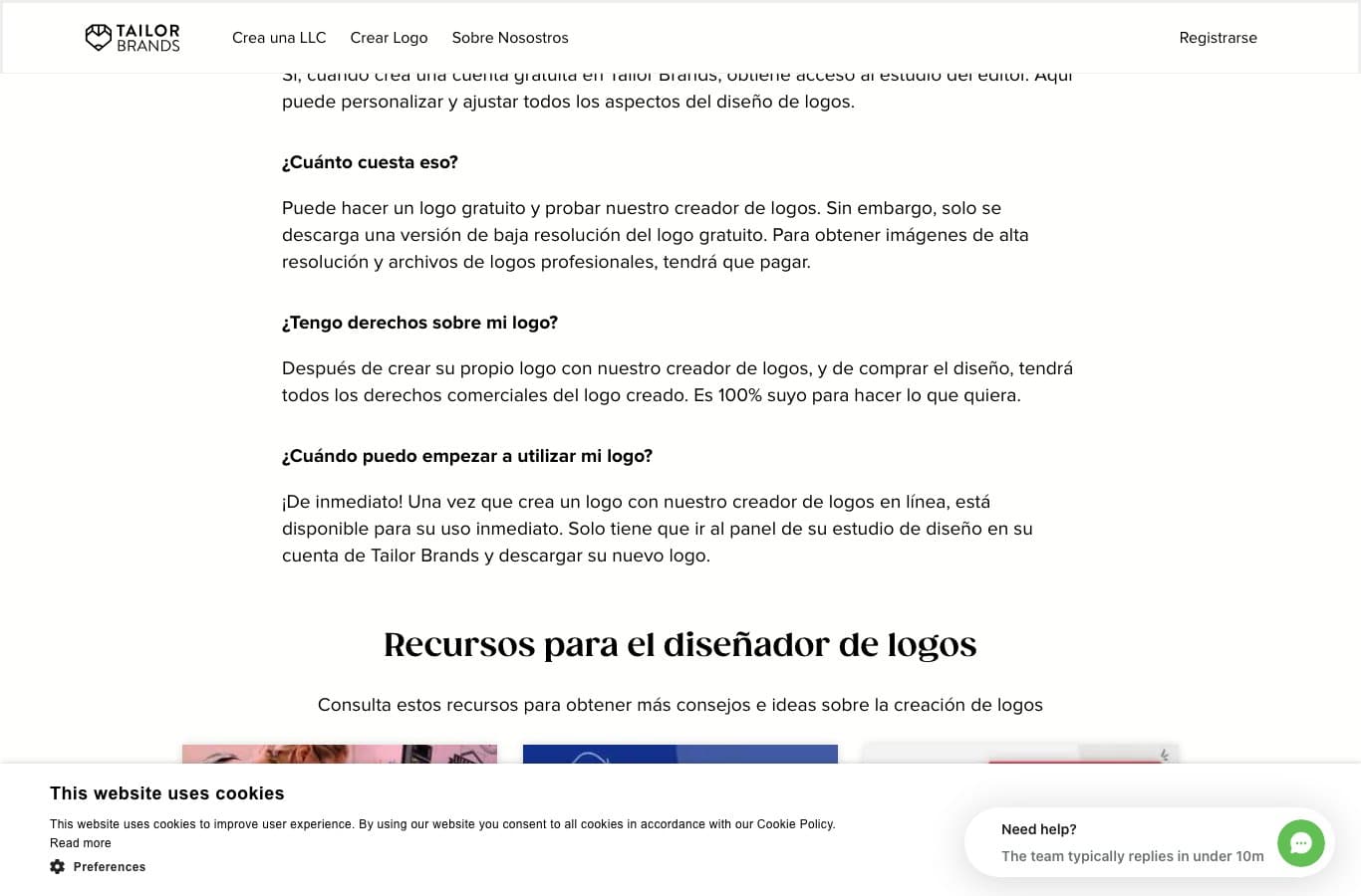 FAQ de Tailor Brands en español indicando que del logo gratuito solo se descarga una versión en baja resolución