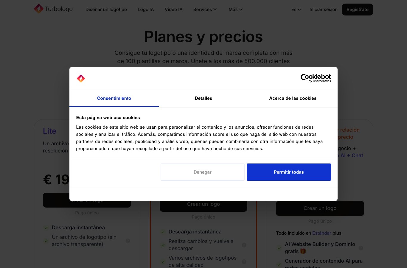 Página Planes y precios de Turbologo en español, con el plan Lite a 19,99 euros