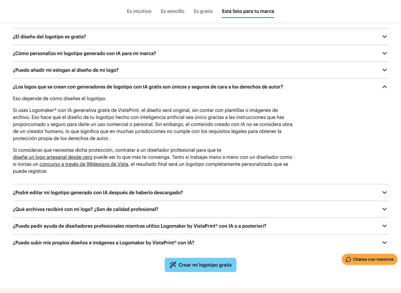 FAQ de VistaPrint en español explicando que el contenido creado con IA no se considera obra de un creador humano