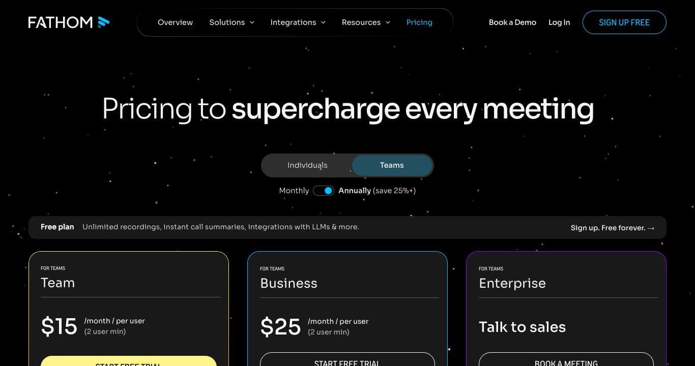 Page tarifaire de Fathom : plan gratuit avec enregistrements illimités et résumés instantanés