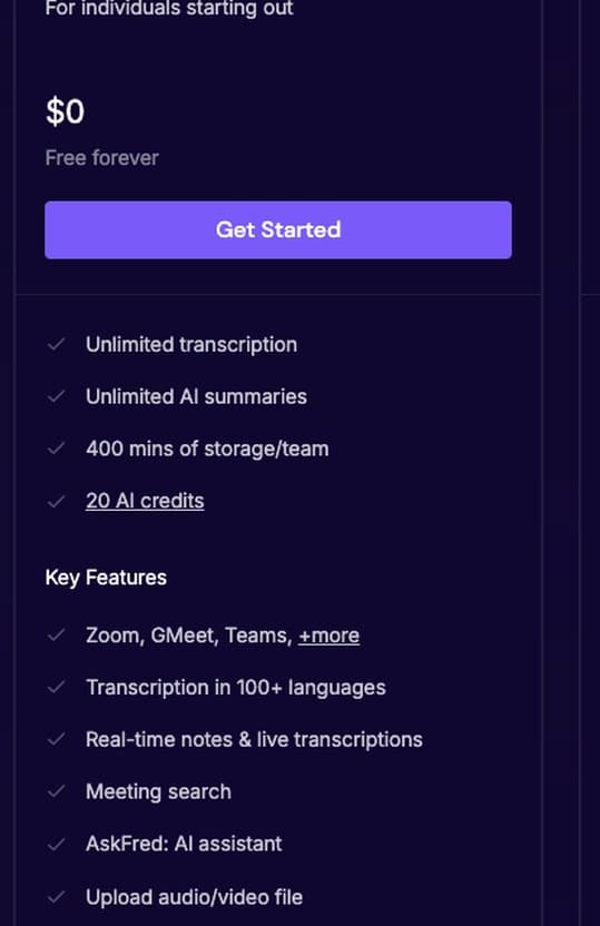 Page tarifaire de Fireflies : plan gratuit avec transcription illimitée et 400 minutes de stockage