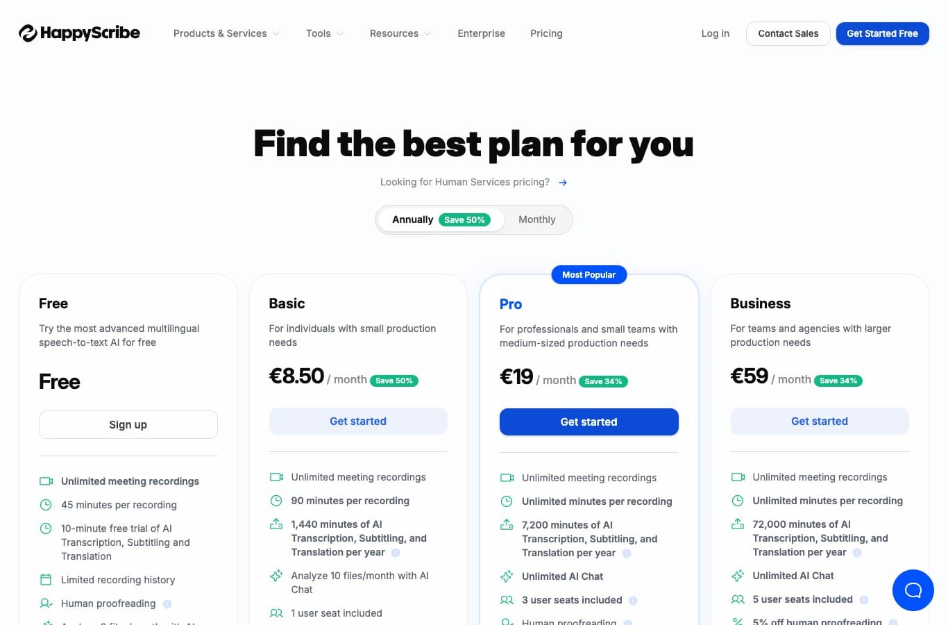 Page tarifaire de HappyScribe : plan gratuit avec enregistrements illimités limités à 45 minutes chacun