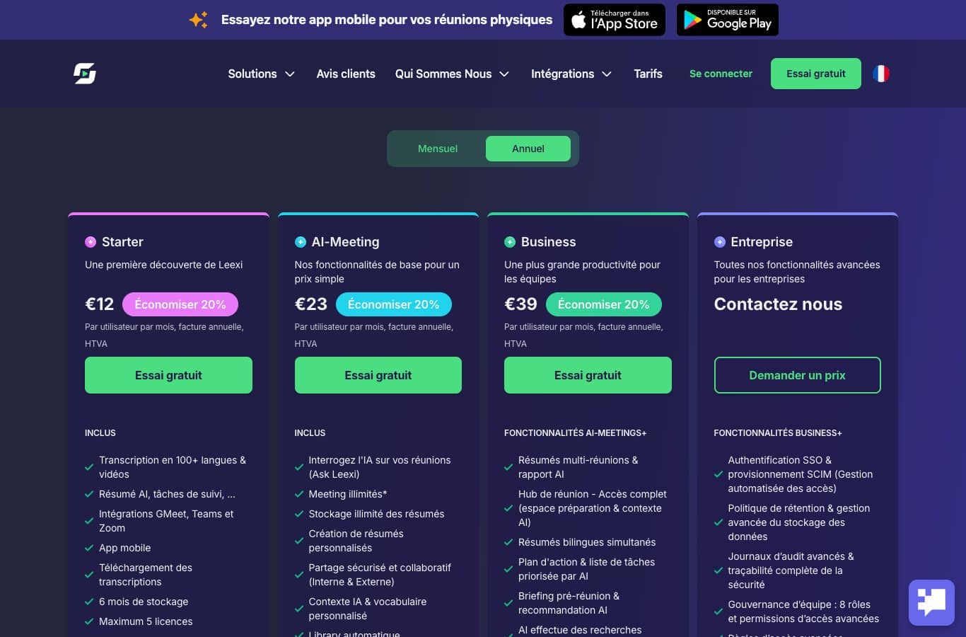 Page tarifaire de Leexi : aucune offre gratuite, trois formules payantes avec essai gratuit