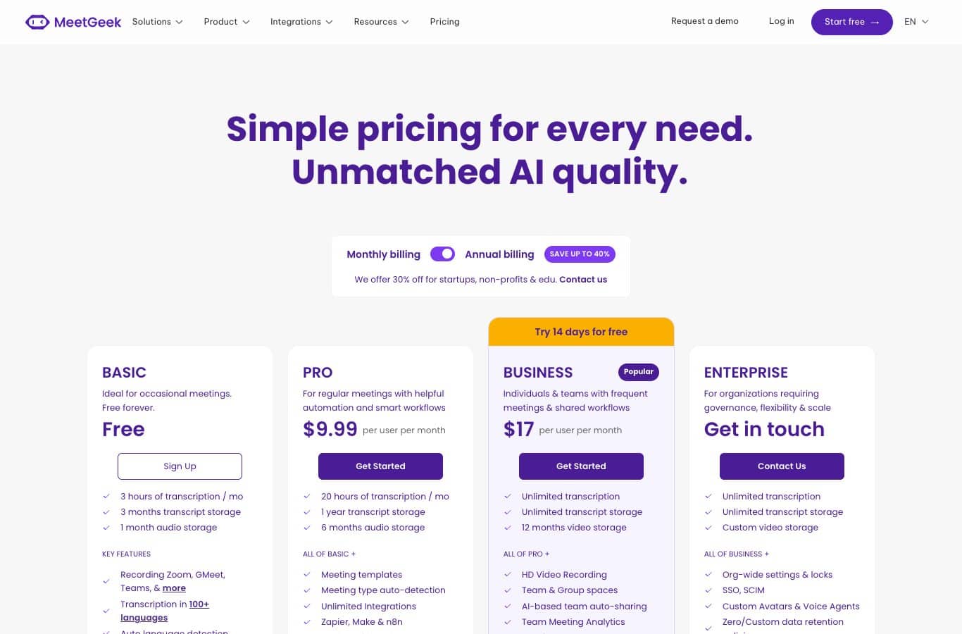 Page tarifaire de MeetGeek : plan gratuit avec 3 heures de transcription par mois