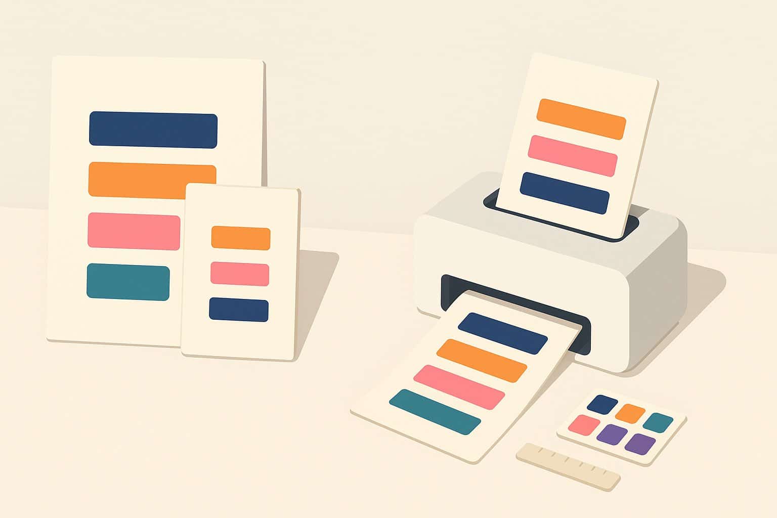 Stack of blank posters in three sizes next to a printer and a color swatch card, flat illustration