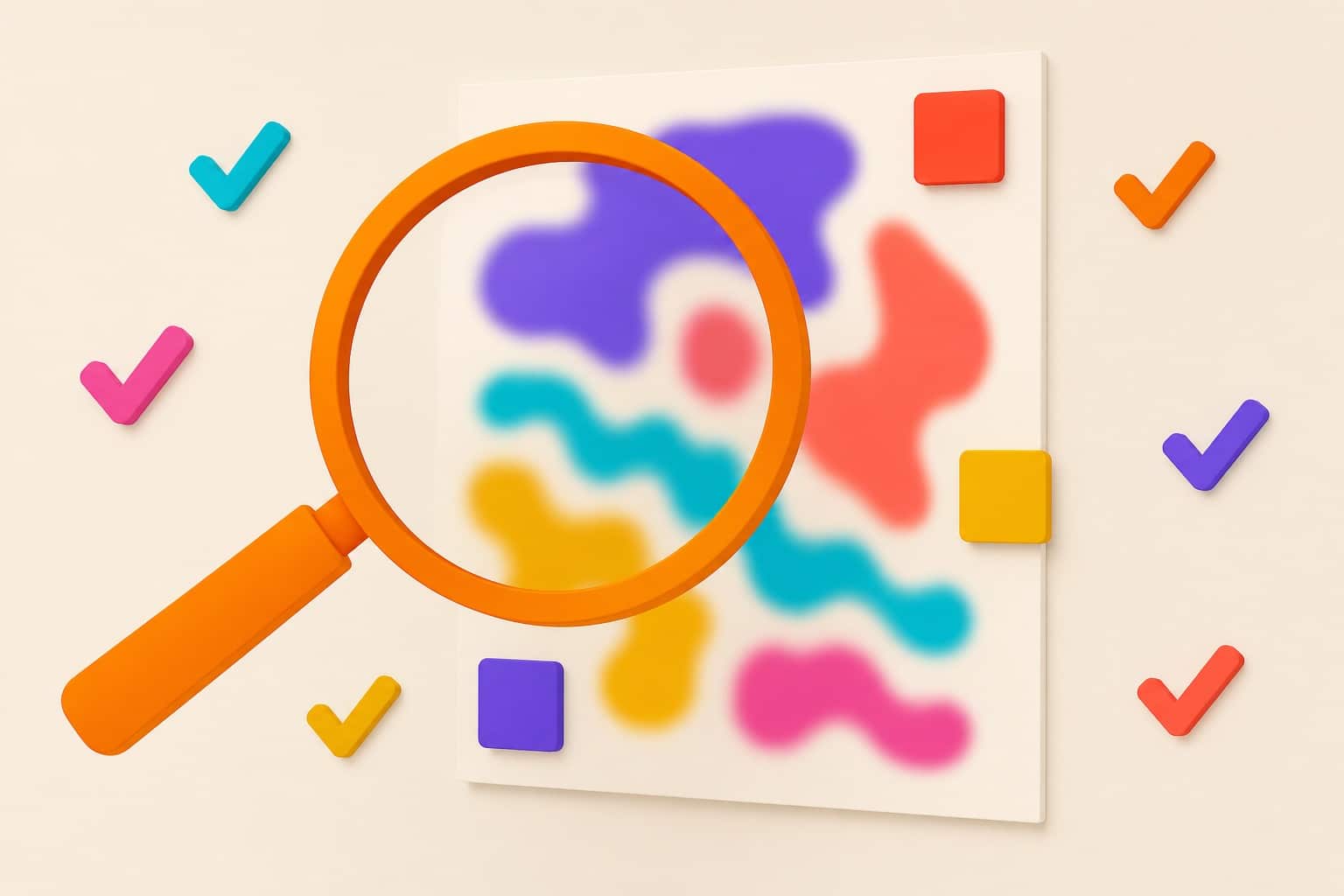 Large magnifying glass over a poster with blurry details, colorful check marks around, cream background