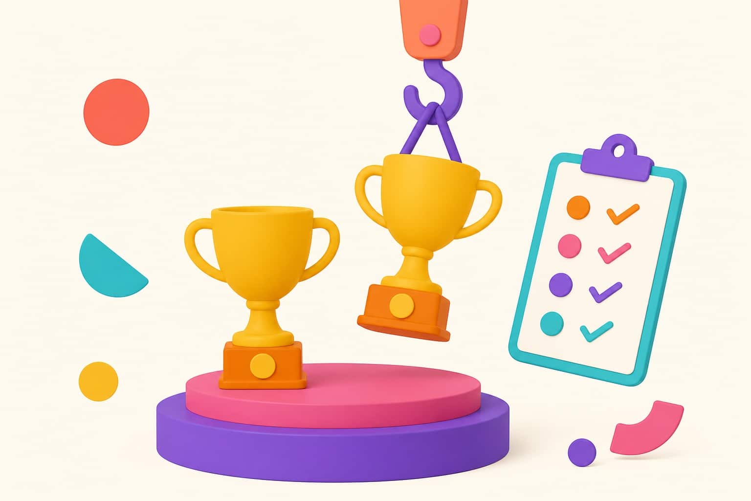 Two trophies on a podium, one lifted by a hook, quality-control clipboard with check marks