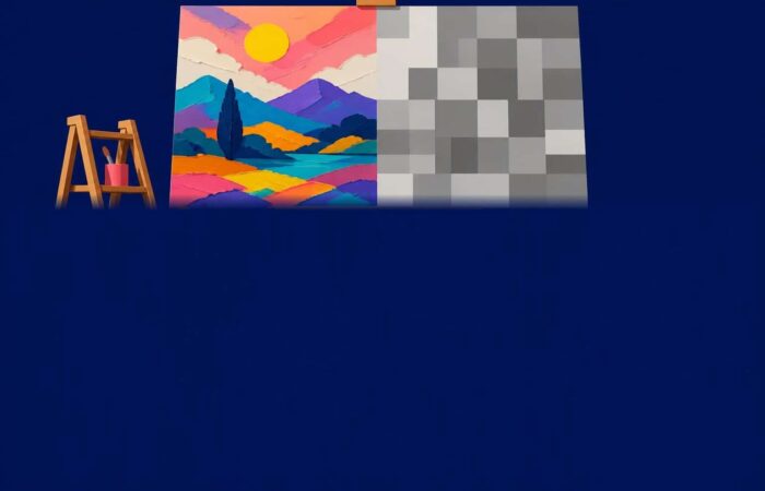 Tableau sur chevalet partagé entre une peinture artisanale colorée et des textures générées, sur fond navy