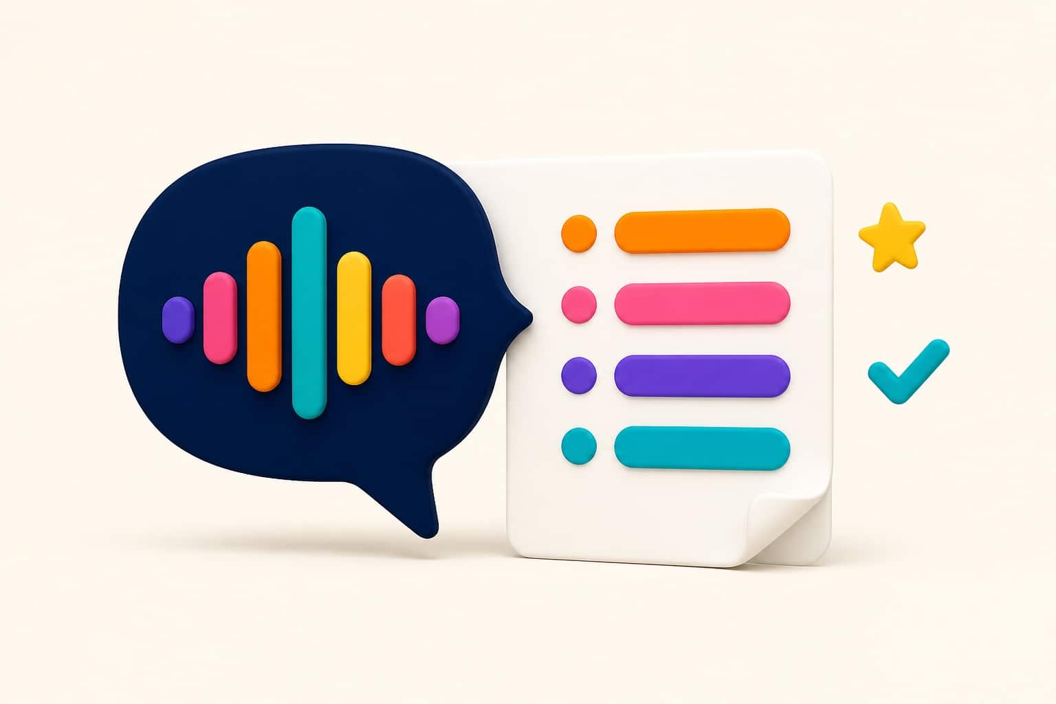 Illustration 3D : une bulle de parole avec des ondes audio se transforme en une liste de points structurés sur une feuille