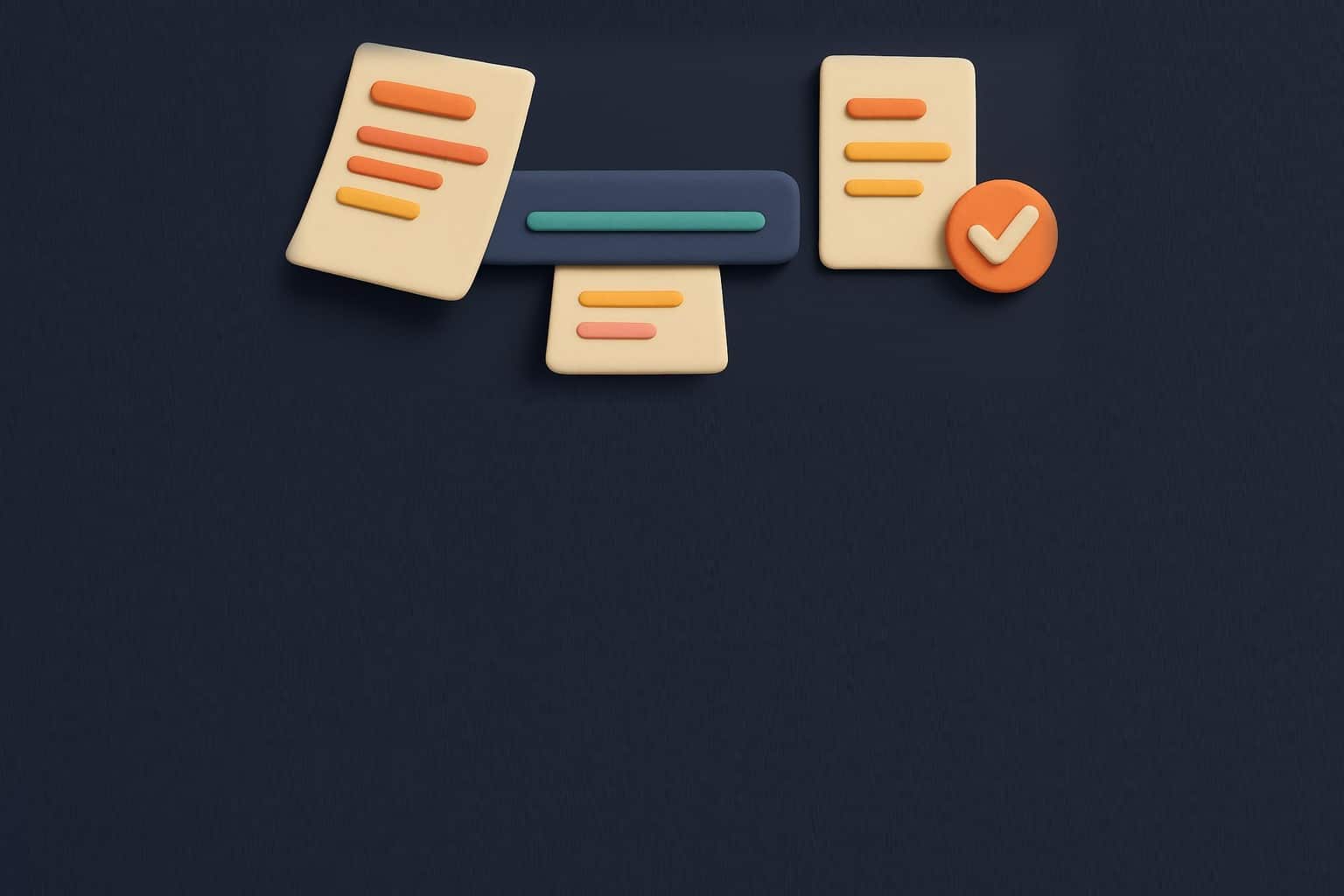 Illustration 3D : une feuille de CV glisse dans un lecteur, une seconde en ressort validee