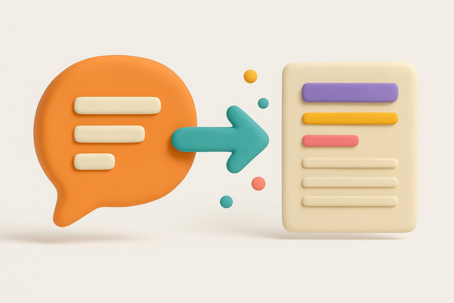 Illustration : une bulle de discussion orange se transforme en feuille de CV structurée, style 3D doux sur fond clair