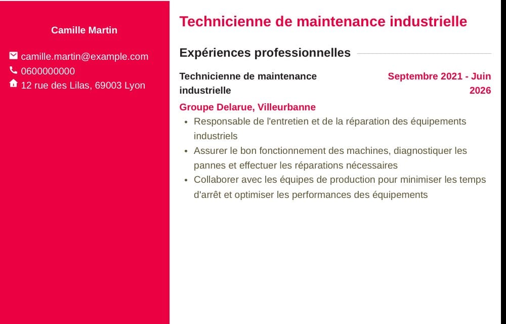 Le CV en PDF produit par le générateur d'IA, avec un bandeau latéral rouge contenant le nom et les coordonnées et une colonne de contenu à droite