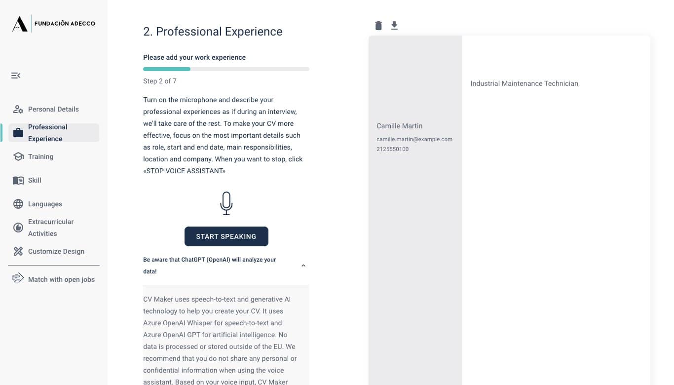 Screenshot of the Adecco Foundation AI CV Maker in English, showing the voice assistant and the ChatGPT data notice